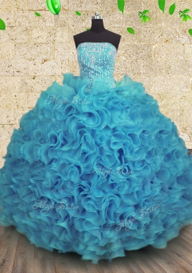 Glorious Aqua Blue 15 Quinceanera Dress Military Ball and Sweet 16 and Quinceanera and For with Beading and Ruffles Strapless Sleeveless Lace Up