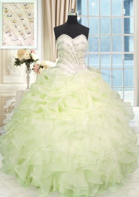 Light Yellow Sleeveless Floor Length Beading and Ruffles Lace Up Quinceanera Dresses