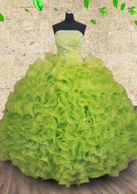 New Arrival Yellow Green Strapless Lace Up Beading and Ruffles 15 Quinceanera Dress Sleeveless