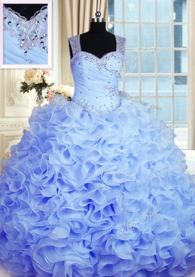 Floor Length Ball Gowns Sleeveless Baby Blue Quince Ball Gowns Zipper