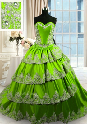Green Taffeta Lace Up Vestidos de Quinceanera Sleeveless With Train Court Train Beading and Appliques and Ruffled Layers