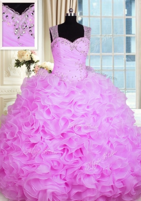 Sleeveless Zipper Floor Length Beading and Ruffles 15th Birthday Dress