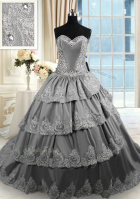 Wonderful Grey Lace Up 15 Quinceanera Dress Beading and Appliques and Ruffled Layers Sleeveless With Train Court Train