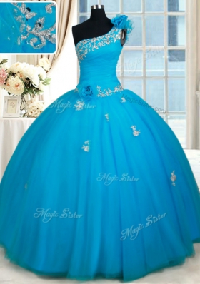 Exquisite One Shoulder Zipper Up Quinceanera Dress with Beading and Handmade Flowers