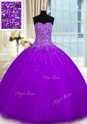 Floor Length Purple Quinceanera Gown Tulle Sleeveless Beading
