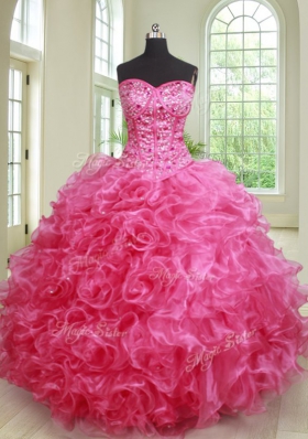 Ideal Hot Pink Sleeveless Beading and Ruffles Floor Length Quinceanera Dresses