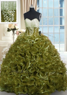 Lovely With Train Olive Green 15th Birthday Dress Organza Brush Train Sleeveless Beading and Ruffles