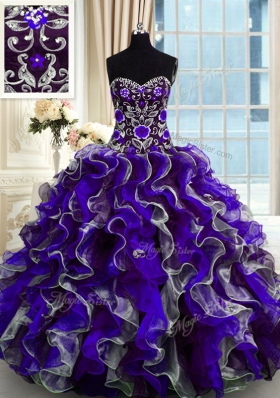 Multi-color Lace Up Sweetheart Beading and Ruffles Quince Ball Gowns Organza Sleeveless