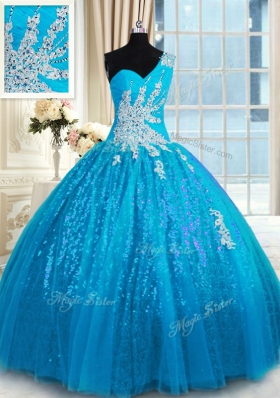 One Shoulder Baby Blue Sleeveless Floor Length Appliques Lace Up 15 Quinceanera Dress