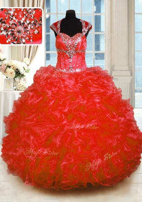 Red Ball Gowns Organza Straps Cap Sleeves Beading and Ruffles Floor Length Lace Up 15th Birthday Dress