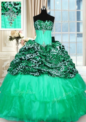 Superior Strapless Sleeveless Quinceanera Dress Sweep Train Beading and Ruffled Layers Turquoise Organza and Printed