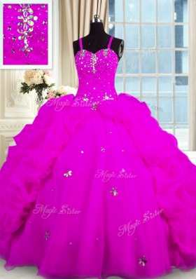 Beautiful Sleeveless Organza Floor Length Lace Up Quinceanera Gowns in Fuchsia for with Beading and Pick Ups