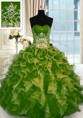 Comfortable Sleeveless Organza Floor Length Lace Up Quinceanera Dresses in Olive Green for with Beading and Ruffles