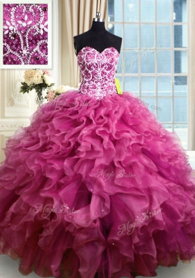 Customized Sleeveless Organza Floor Length Lace Up Quince Ball Gowns in Fuchsia for with Beading and Ruffles