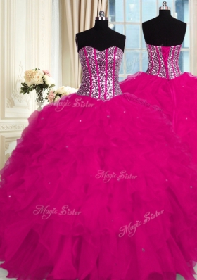 Edgy Fuchsia Organza Lace Up Quinceanera Dresses Sleeveless Floor Length Beading and Ruffles