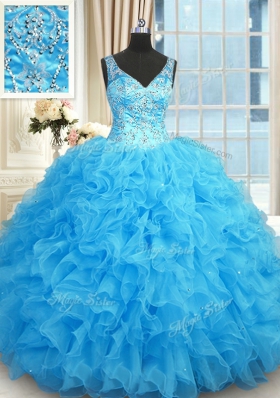 Fantastic Blue Zipper V-neck Beading and Ruffles Quinceanera Gown Organza Sleeveless
