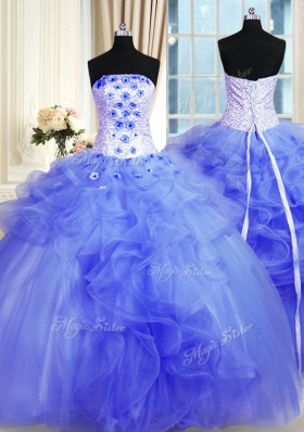 Flirting Floor Length Blue Sweet 16 Dresses Tulle Sleeveless Pick Ups and Hand Made Flower