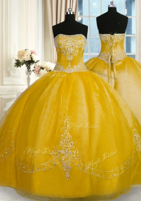 Sleeveless Beading and Embroidery Lace Up Quince Ball Gowns