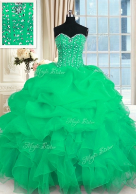 Suitable Organza Sweetheart Sleeveless Lace Up Beading and Ruffles Vestidos de Quinceanera in Turquoise