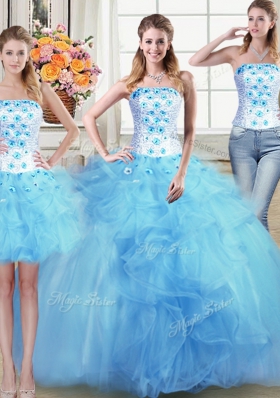 Three Piece Light Blue Sleeveless Beading and Appliques and Ruffles Floor Length Vestidos de Quinceanera