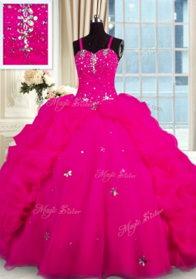 With Train Fuchsia Vestidos de Quinceanera Spaghetti Straps Sleeveless Brush Train Lace Up