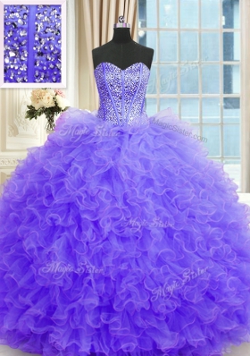 Beading and Ruffles Ball Gown Prom Dress Lavender Lace Up Sleeveless Floor Length