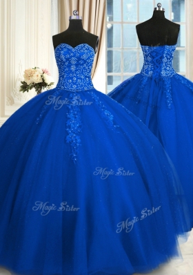 Blue Sleeveless Appliques and Embroidery Floor Length Sweet 16 Dress