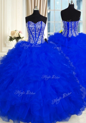Discount Sleeveless Organza Floor Length Lace Up Sweet 16 Dress in Royal Blue for with Beading and Ruffles