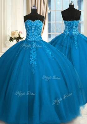 Floor Length Teal Sweet 16 Dress Tulle Sleeveless Appliques and Embroidery