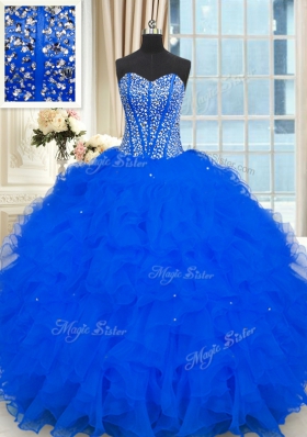 Royal Blue Organza Lace Up Quinceanera Gowns Sleeveless Floor Length Beading and Ruffles