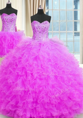 Trendy Three Piece Sleeveless Floor Length Beading and Ruffles Lace Up Quinceanera Gown with Lilac