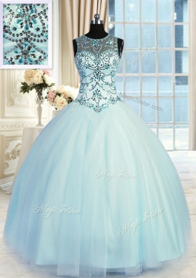 Cheap Scoop Sleeveless Lace Up Sweet 16 Dress Light Blue Tulle