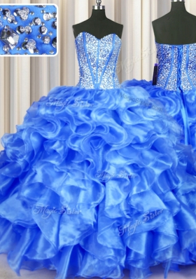 Blue Lace Up Sweetheart Beading and Ruffles Ball Gown Prom Dress Organza Sleeveless