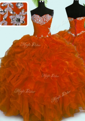 Fine Sweetheart Sleeveless Quinceanera Gowns Floor Length Beading and Ruffles Rust Red Organza