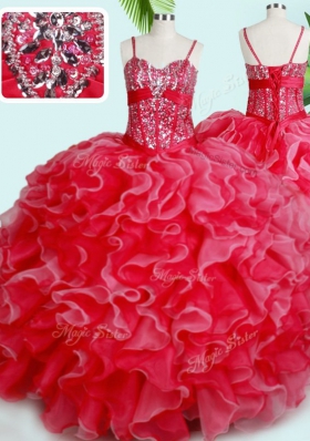 Red Lace Up Quinceanera Gowns Beading and Ruffles Sleeveless Floor Length