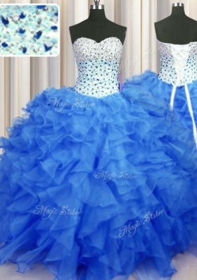 Blue Sweetheart Neckline Beading and Ruffles Sweet 16 Dress Sleeveless Lace Up