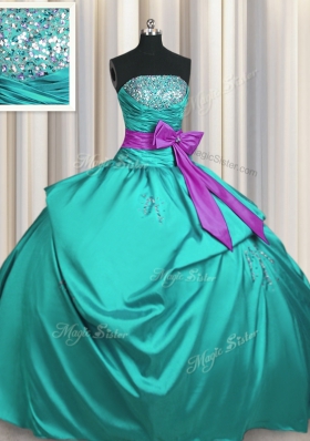 Comfortable Turquoise Strapless Lace Up Beading and Ruching and Bowknot Quinceanera Gowns Sleeveless