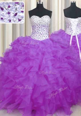 Enchanting Lilac Organza Lace Up Sweet 16 Quinceanera Dress Sleeveless Floor Length Beading and Ruffles