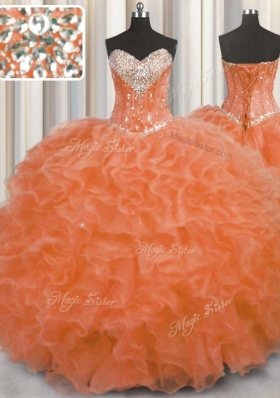Enchanting Orange Red Vestidos de Quinceanera Military Ball and Sweet 16 and Quinceanera and For with Beading and Ruffles Sweetheart Sleeveless Lace Up