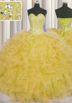 Flirting Visible Boning Floor Length Lace Up Sweet 16 Dress Yellow and In for Military Ball and Sweet 16 and Quinceanera with Beading and Ruffles and Sashes|ribbons