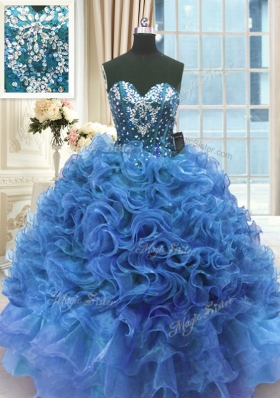 Glamorous Ball Gowns Quinceanera Dresses Blue Sweetheart Organza Sleeveless Floor Length Lace Up