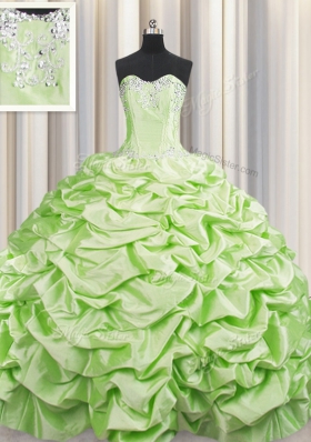 Romantic Pick Ups Brush Train Yellow Green Vestidos de Quinceanera Sweetheart Sleeveless Sweep Train Lace Up