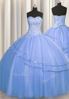 Visible Boning Big Puffy Blue Lace Up Sweetheart Beading Sweet 16 Dresses Tulle Sleeveless
