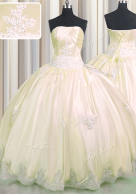 Decent Champagne Ball Gowns Strapless Sleeveless Taffeta Floor Length Lace Up Beading and Appliques 15 Quinceanera Dress