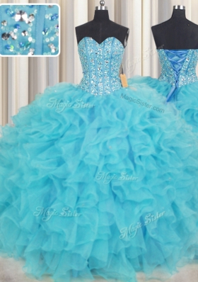 Luxurious Visible Boning Baby Blue Sweetheart Neckline Beading and Ruffles Quinceanera Dress Sleeveless Lace Up