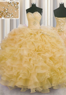 Organza Sweetheart Sleeveless Lace Up Beading and Ruffles Quinceanera Gown in Gold