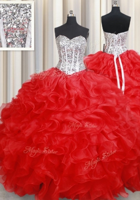 Red Lace Up Sweetheart Beading and Ruffles Ball Gown Prom Dress Organza Sleeveless