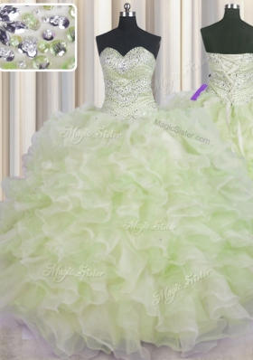 Deluxe Yellow Green Ball Gowns Beading and Ruffles Quince Ball Gowns Lace Up Organza Sleeveless Floor Length