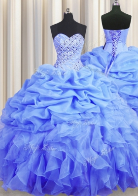 Exquisite Blue Sleeveless Floor Length Beading and Ruffles and Pick Ups Lace Up 15 Quinceanera Dress