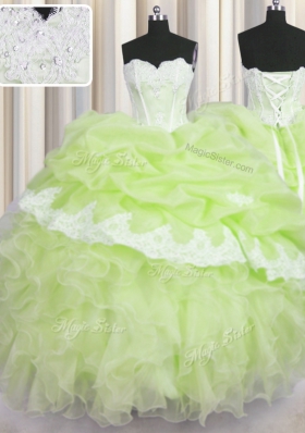 Fantastic Floor Length Yellow Green Quince Ball Gowns Organza Sleeveless Beading and Appliques and Ruffles and Pick Ups